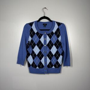 Talbots Petite Small PS S Blue Argyle‎ Merino Wool Button Front Cardigan Diamond